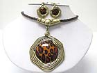 CRYSTAL DECO LARGE ANIMAL PRINT STONE PENDANT AND BRAIDED CORS NECKLACE EARRING SET