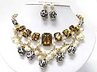 PEARL AND MIXED ANIMAL PRINT STONE AND BEADS DECO NECKALCE EARRING SET