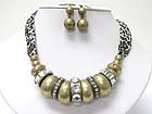 CHUNKY METAL BALL AND CRYSTAL STUD RING WITH ANIMAL PATTERN FABRIC BACK NECKLACE EARRING SET