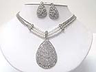 CRYSTAL STUD METAL FILIGREE TEARDROP PENDANT PEARL AND MULTI CHAIN NECKALCE EARRING SET