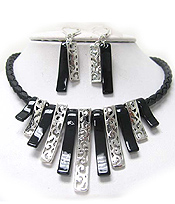MULTI TRI TONE METAL FILIGREE BAR DROP BRAIDED CORD NECKALCE EARRING SET?