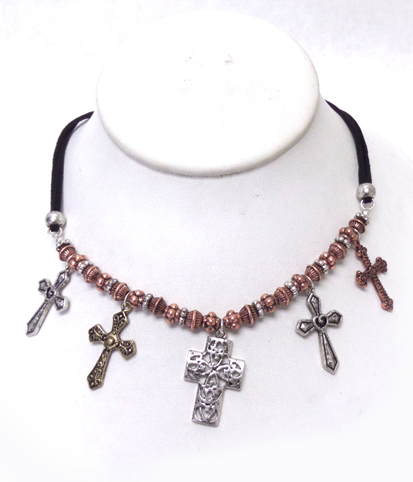 MULTI TEXTURED CROSS AND CRYSTAL RONDELL NECKLACE