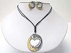 TWO TONE BURNISH TEXTURED METAL DISK LINK PENDANT NECKLACE EARRING SET