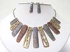 MULTI TRI TONE BURNISH TEXTURED METAL BAR DROP NECKLACE EARRING SET