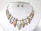MULTI TRI TONE BURNISH TEXTURED METAL DANGLE NECKLACE EARRING SET