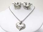 BURNISH TEXTURED METAL LOVE HEART PENDANT NECKLACE EARRING SET
