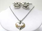 BURNISH TEXTURED METAL LOVE HEART PENDANT NECKLACE EARRING SET