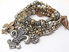 FLEUR DE LIS CHARM MULTI ROW BURNISH TEXTURED METAL BEADS STRETCH BRACELET 