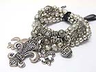 FLEUR DE LIS CHARM MULTI ROW BURNISH TEXTURED METAL BEADS STRETCH BRACELET 