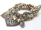 HEART CHARM MULTI ROW BURNISH TEXTURED METAL BEADS STRETCH BRACELET 