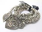 HEART CHARM MULTI ROW BURNISH TEXTURED METAL BEADS STRETCH BRACELET 