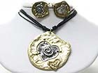 TWO BURNISH TEXTURED METAL PIECE JOINT LINK ROUND PENDANT NECKLACE EARRING SET