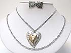 DOUBLE LAYER CHAIN AND BURNISH TEXTURED METAL HEART PENDANT NECKLACE EARRING SET