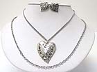 DOUBLE LAYER CHAIN AND BURNISH TEXTURED METAL HEART PENDANT NECKLACE EARRING SET