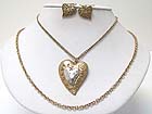 DOUBLE LAYER CHAIN AND BURNISH TEXTURED METAL HEART PENDANT NECKLACE EARRING SET