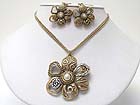 BURNISH TEXTURED METAL FLOWER PENDANT NECKLACE EARRING SET