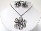 BURNISH TEXTURED METAL FLOWER PENDANT NECKLACE EARRING SET