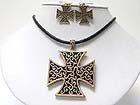BURNISH FILIGREE METAL CROSS PENDANT NECKLACE EARRING SET