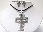 CRYSTAL STUD BURNISH METAL CROSS PENDANT NECKLACE EARRING SET