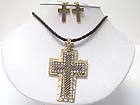 CRYSTAL STUD BURNISH METAL CROSS PENDANT NECKLACE EARRING SET