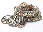 PEACE CHARM MULTI ROW BURNISH TEXTURED METAL BEADS STRETCH BRACELET