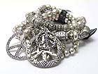 PEACE CHARM MULTI ROW BURNISH TEXTURED METAL BEADS STRETCH BRACELET