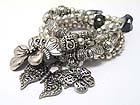 FLOWER CHARM MULTI ROW BURNISH TEXTURED METAL BEADS STRETCH BRACELET