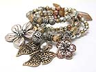 FLOWER CHARM MULTI ROW BURNISH TEXTURED METAL BEADS STRETCH BRACELET