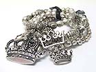 CROWN CHARM MULTI ROW BURNISH TEXTURED METAL BEADS STRETCH BRACELET
