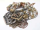 CROWN CHARM MULTI ROW BURNISH TEXTURED METAL BEADS STRETCH BRACELET