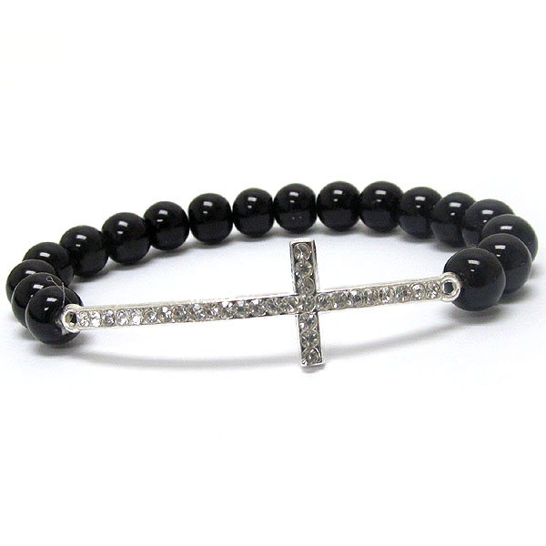 CRYSTAL CROSS AND PEARL STRETCH BRACELET