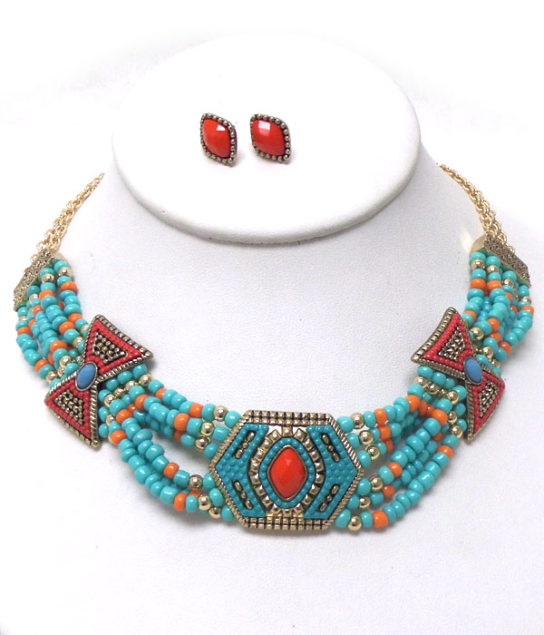 AZTEC DESIGN CASTING WITH SEED BEAD NECKLACE SET -western