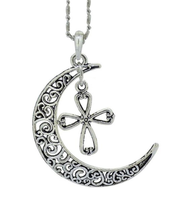 METAL FILIGREE MOON AND CROSS PENDANT NECKLACE