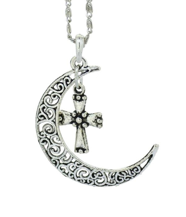 METAL FILIGREE MOON AND CROSS PENDANT NECKLACE