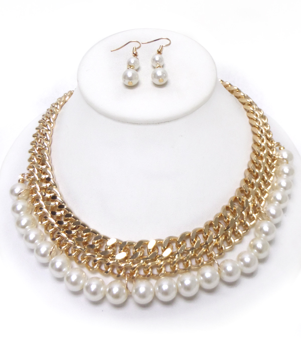TWO LAYER THICK CHAIN PEARL DROP NECKLACE SET