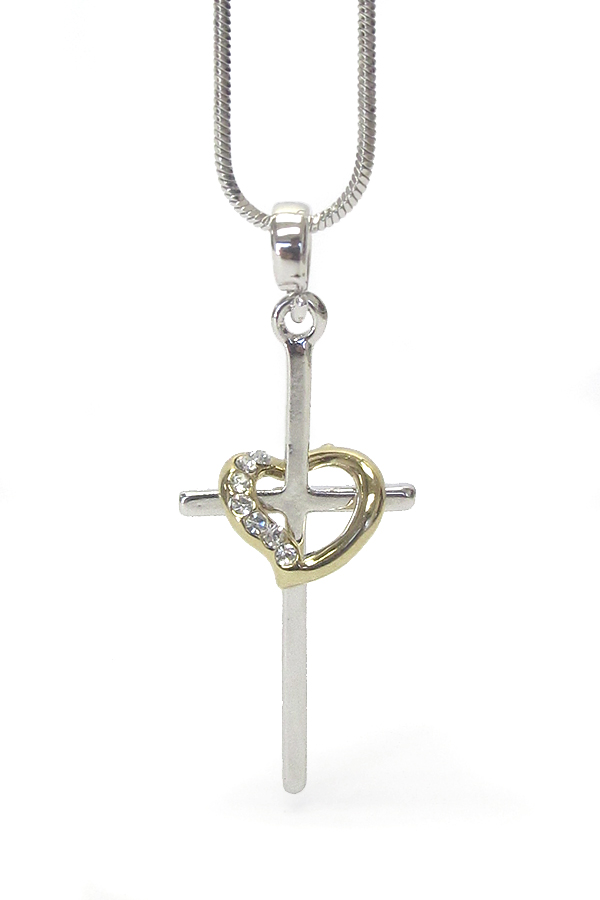 WHITEGOLD PLATING CRYSTAL STUD CROSS AND HEART NECKLACE