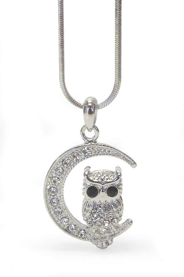 MADE IN KOREA WHITEGOLD PLATING CRYSTAL EYE OWL AND MOON PENDANT NECKLACE