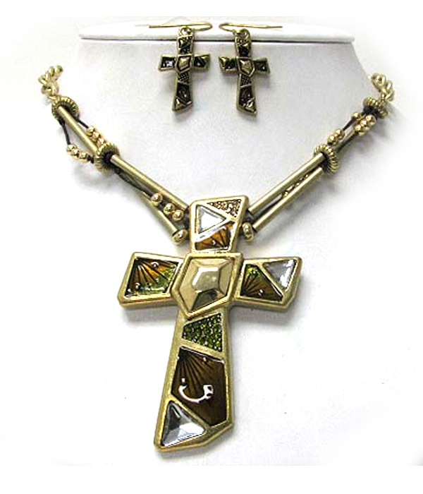 CRYSTAL AND EPOXT METAL ART CROSS PENDANT NECKLACE EARRING SET