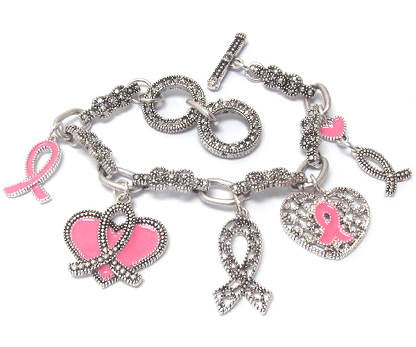 METAL CASTING AND EPOXY DECO PINK RIBBON CHARM BRACELET - BREAST CANCER AWARENESS