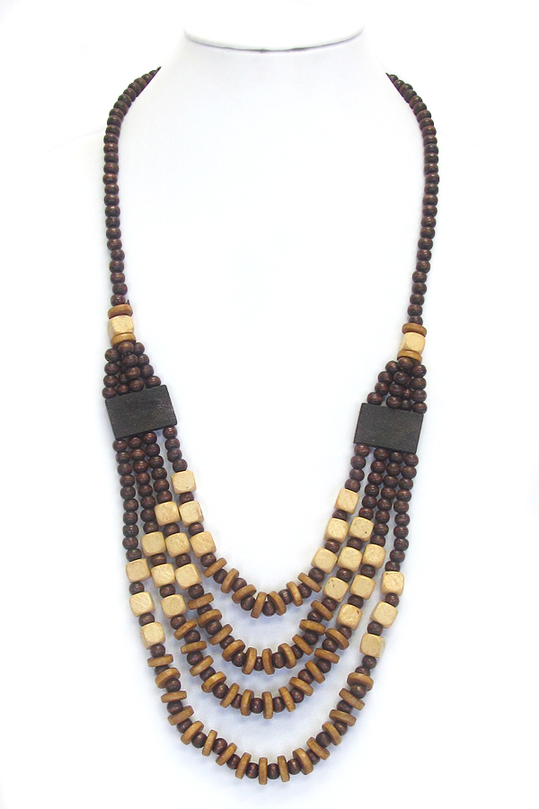 MULTI LAYER NATURAL WOOD BEAD LONG NECKLACE