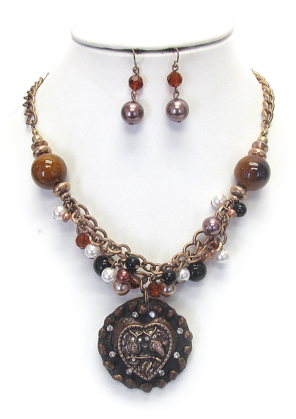 VINTAGE OWL PENDANT AND PEARL DANGLE NECKLACE SET