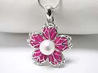 WHITE GOLD PLATING PEARL AND CRYSTAL STUD FLOWER PENDANT NECKLACE