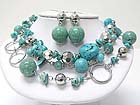 TRIPLE ROW MIXED NATURAL STONE AND METAL LINK NECKLAEC EARRING SET