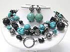 TRIPLE ROW MIXED NATURAL STONE AND METAL LINK NECKLAEC EARRING SET