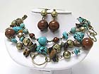 TRIPLE ROW MIXED NATURAL STONE AND METAL LINK NECKLAEC EARRING SET