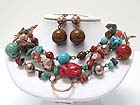 TRIPLE ROW MIXED NATURAL STONE AND METAL LINK NECKLAEC EARRING SET