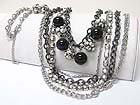PEARL AND CRYSTAL BALL DANGLE MULTI CHAIN LONG NECKLACE EARRING SET