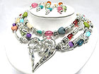 MULTI  STONE AND GLASS BALL AND METAL CASTING HEART PENDANT NECKLACE EARRING SET