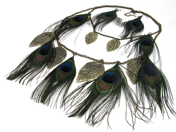 MULTI PEACOCK FEATHER DOUBLE LAYERED NECKLACE EARRING SET-HALLOWEEN