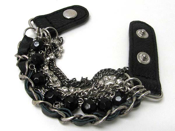 GLASS BEADS AND MXED METAL CHAIN LINK LEATHER WRIST BAND